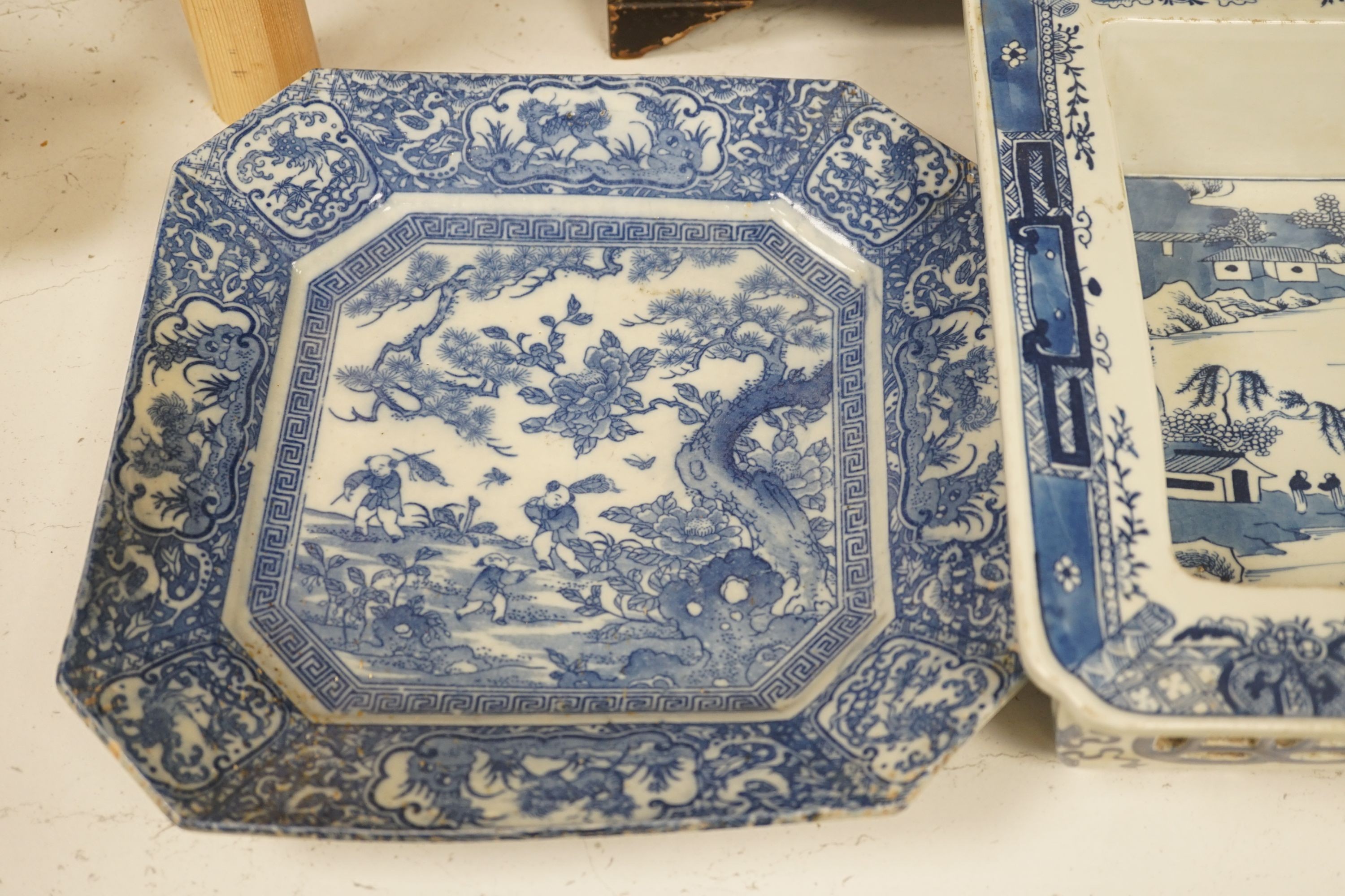 A rectangular Chinese dish, a square blue and white dish and a Japanese lacquer cabinet, rectangular dish 40 cms wide x 28 cms deep.